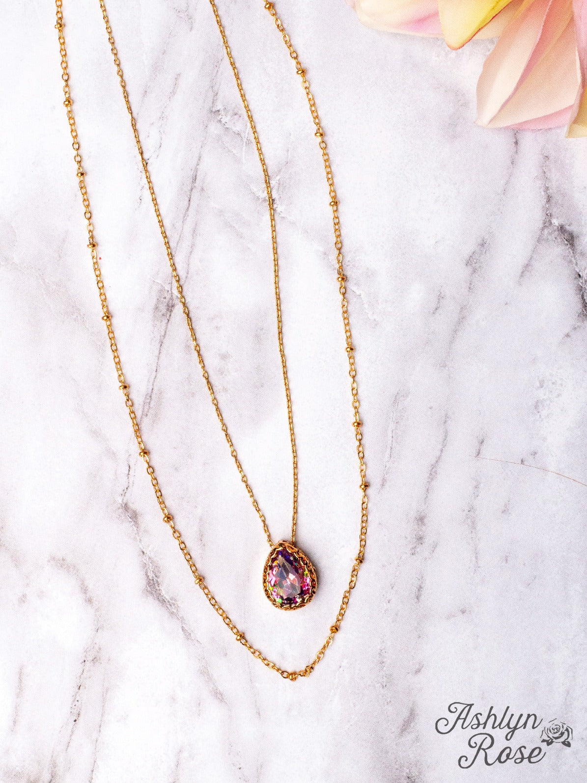 Double Chain Necklace with Multi-Colored Pendant