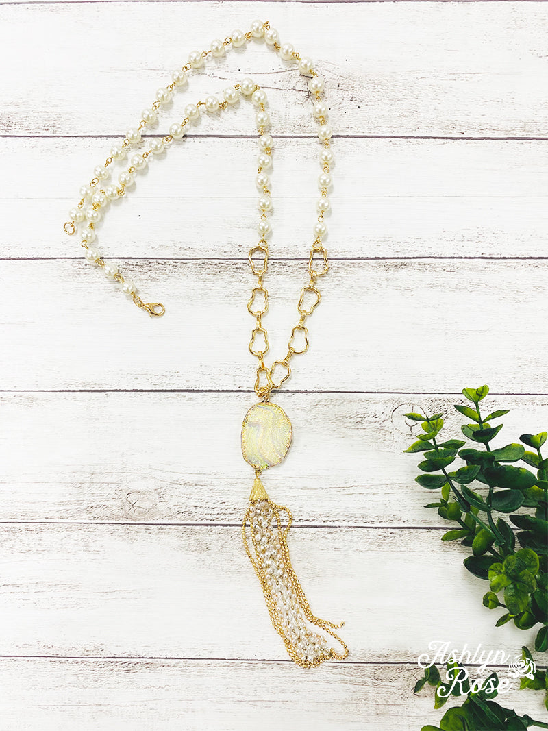 Thinking about you white tassel beaded necklace