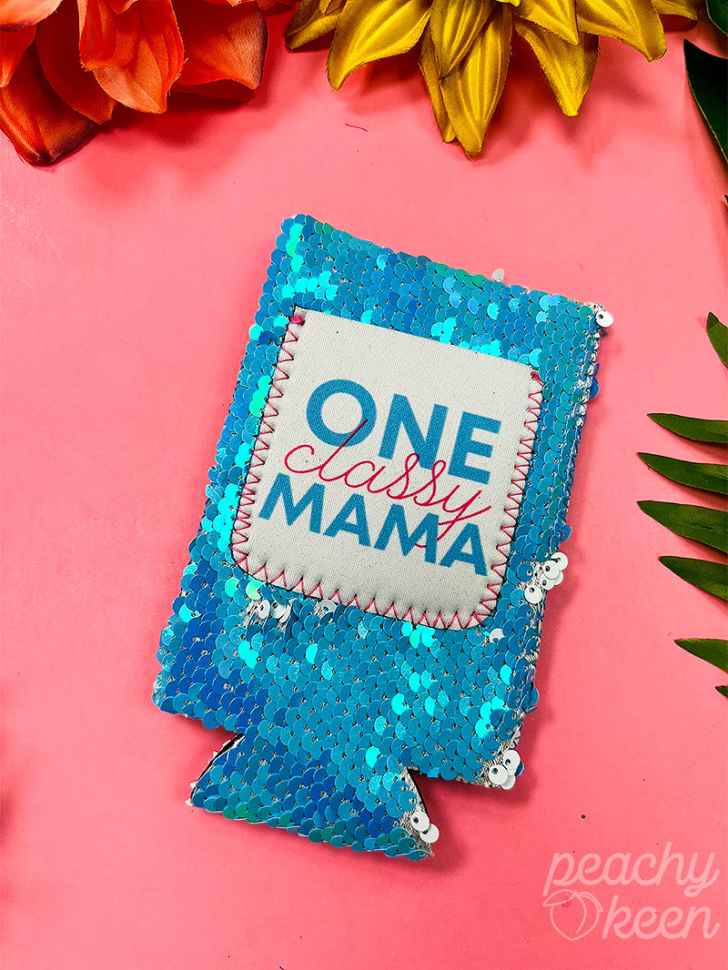 One Classy Mama Blue Sequin Slim Can Cooler
