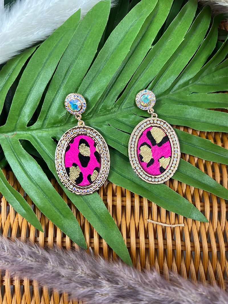 Cowboy Killer Oval Crystal Fuchsia Gold Leopard Earrings