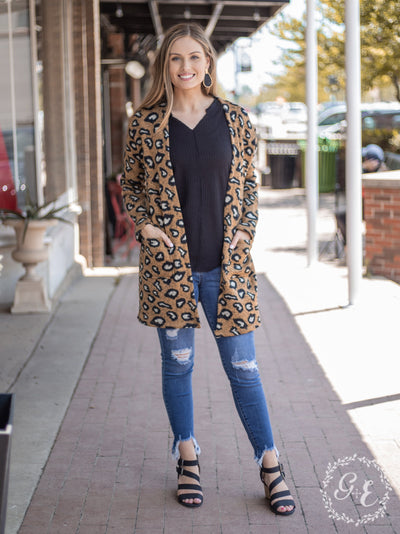 Fireplace Chillin Sweater Cardigan with Pockets, Leopard