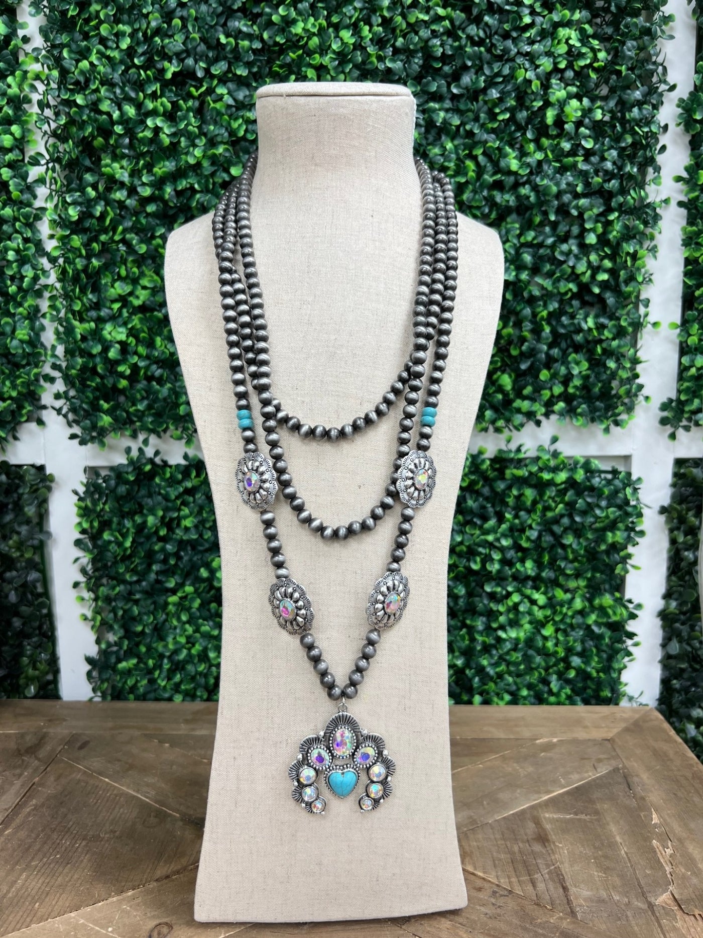 Charcoal Beads Necklace with Silver Turquoise Heart Center Pendant