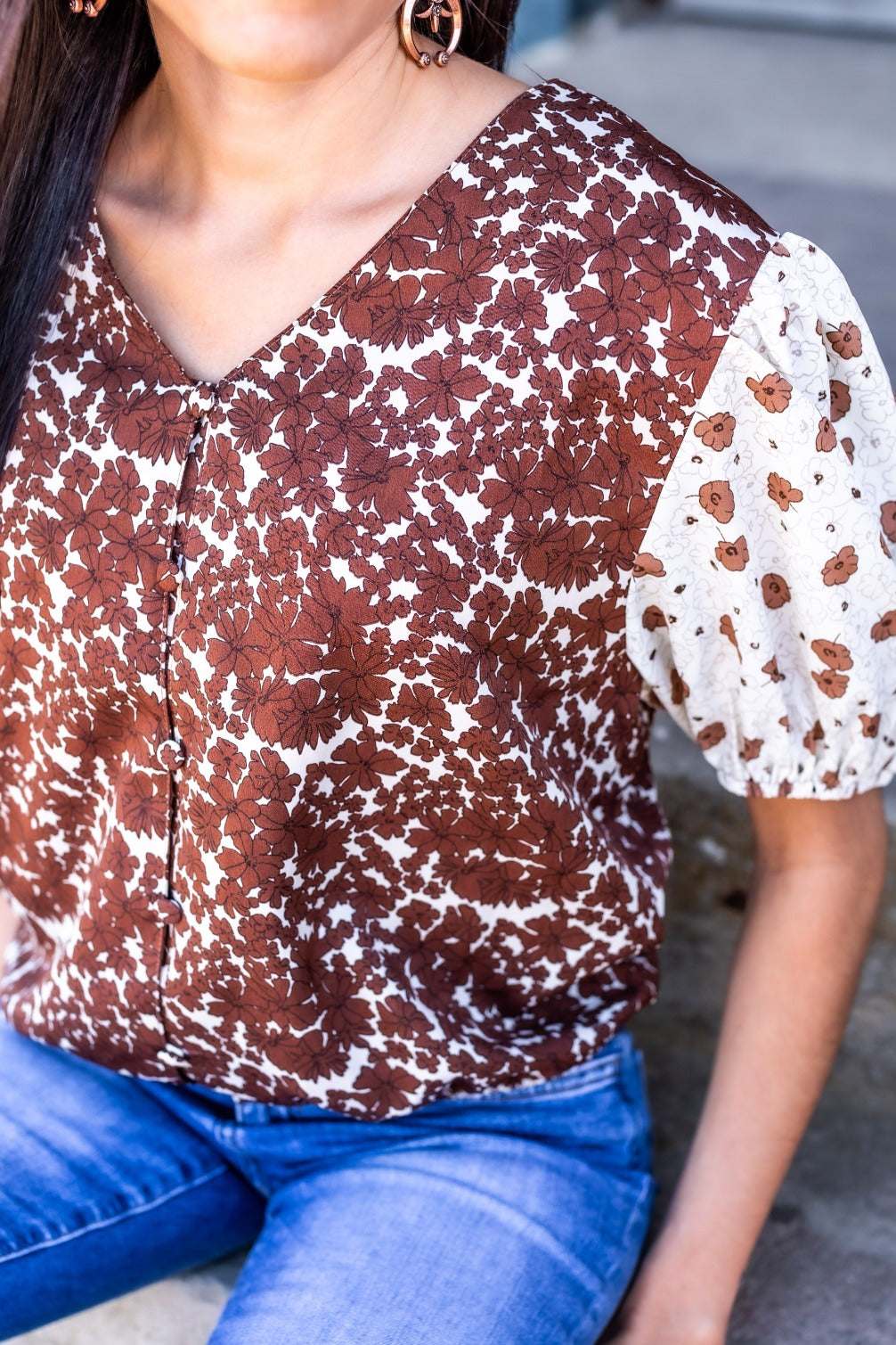 Bountiful Blooms Top, Brown - detail shot