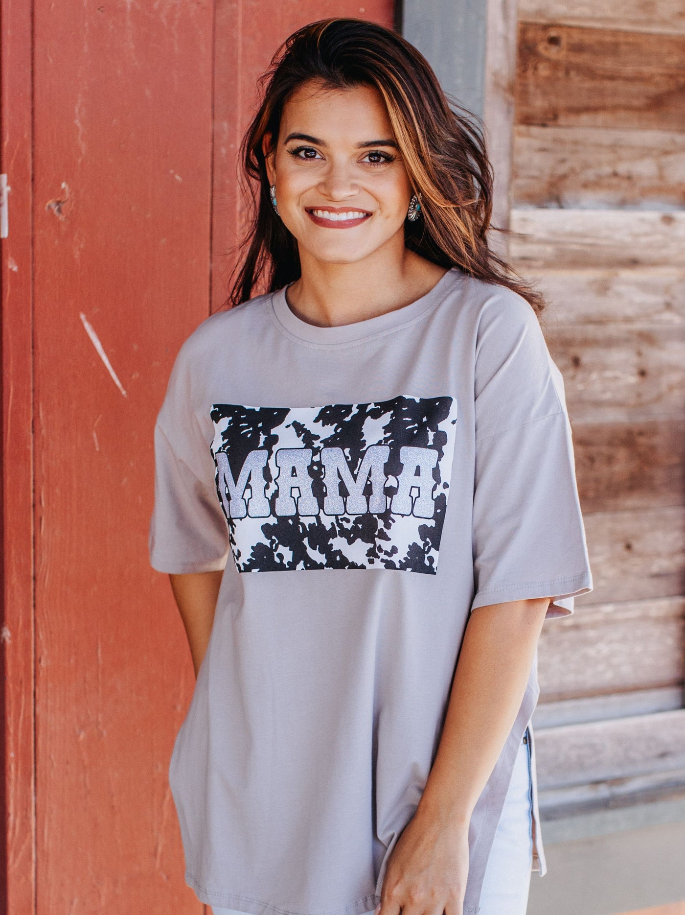 Mama Cowhide on Sweet Side Oversized Tee with Slit in Grey