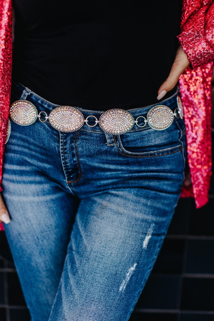 A Weekend In Dallas Oval Iridescent Crystal Concho Link Belt Plus