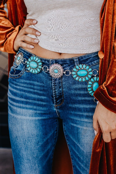 Belt ~ Turquoise Flower & Silver ~ Concho Chain Belt ~ Women’s ~Medium to Large Women Silver Western Flower Real Turquoise Concho Chain  main image 4