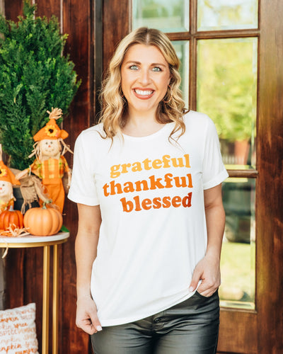 Grateful Thankful Blessed on White Cuffed Tee