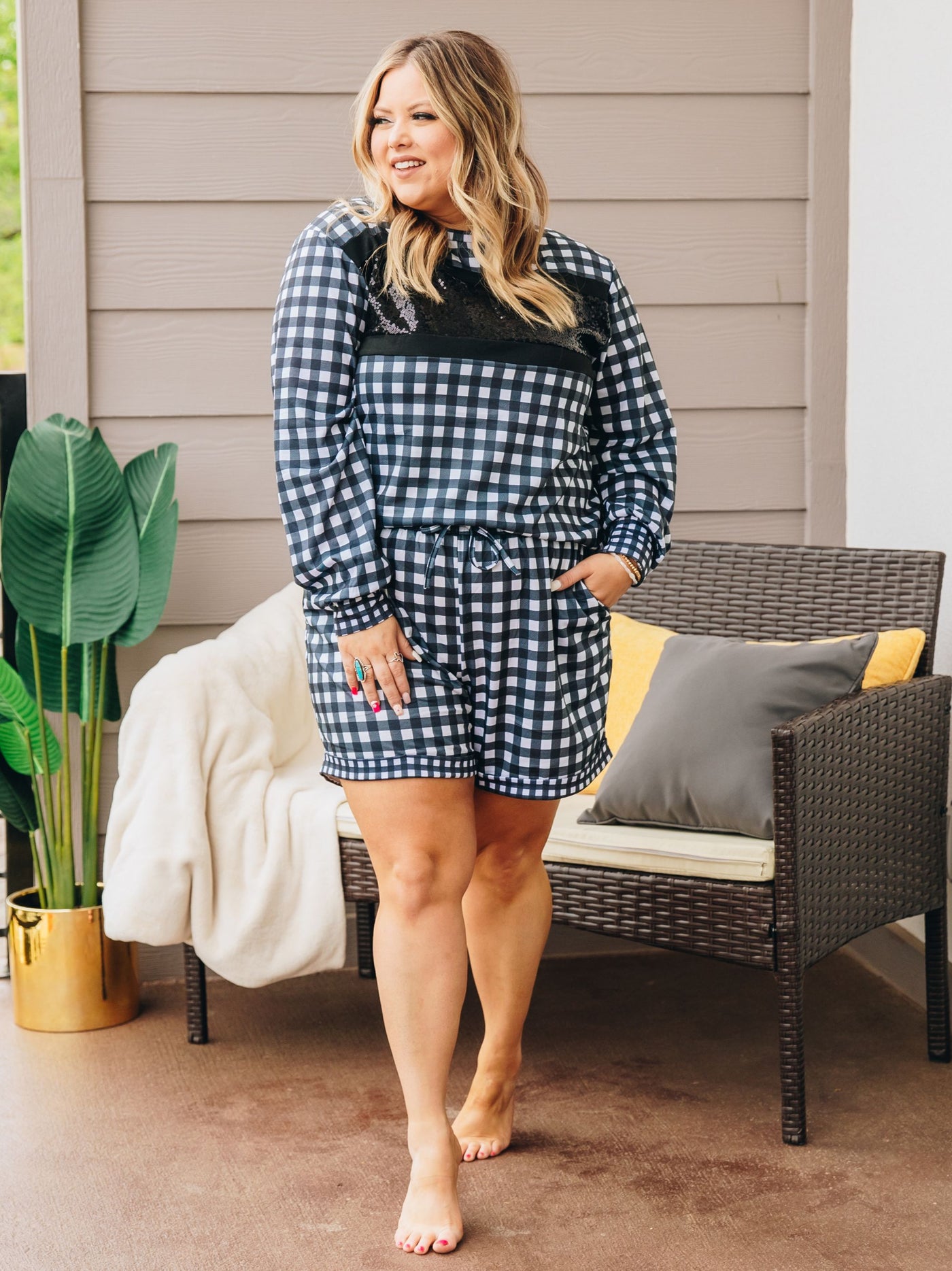 Stylin in Gingham Loungewear Set with Shorts and Sequins