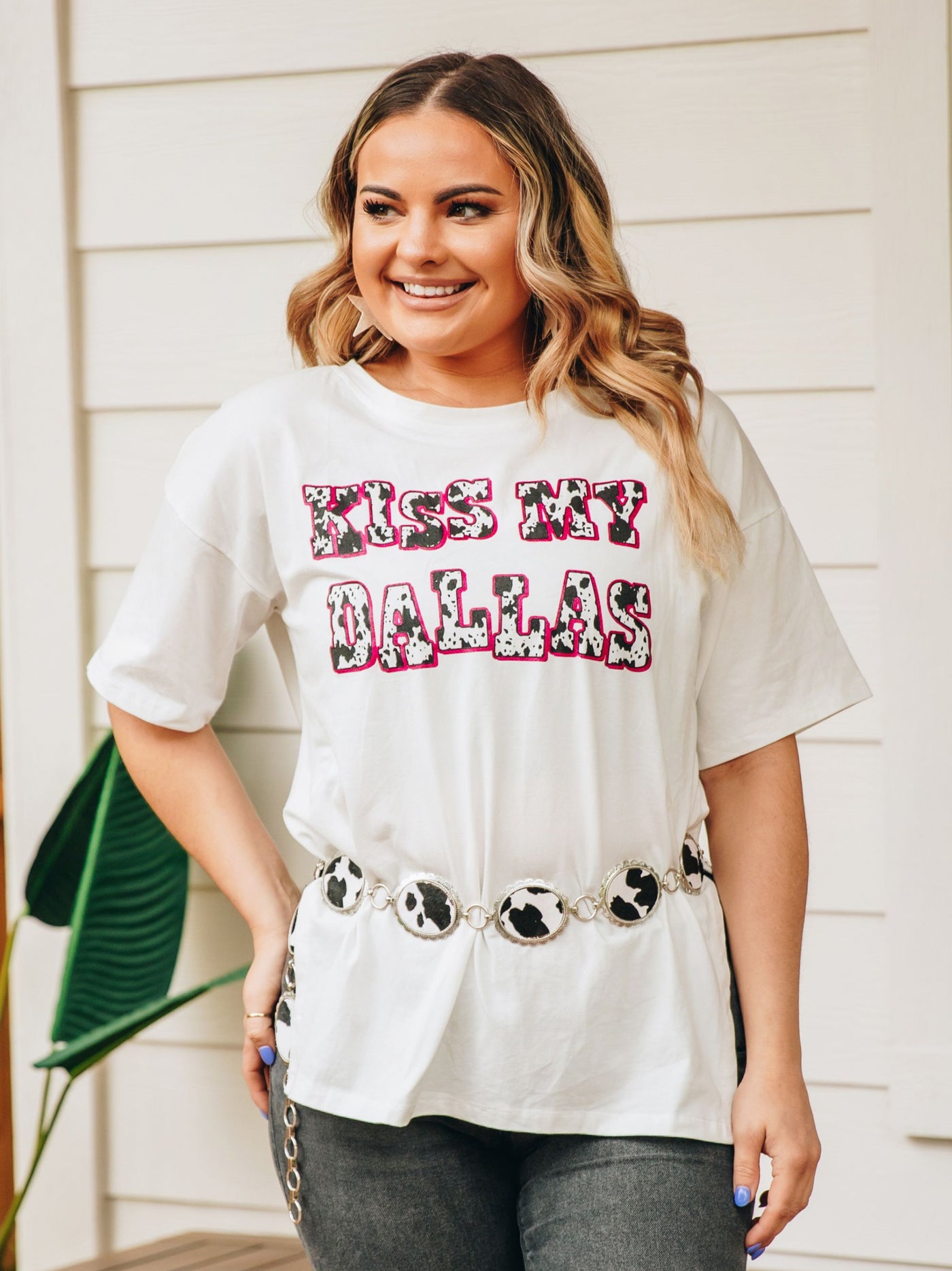 Kiss My Dallas on Oversized Tee with Slit in White