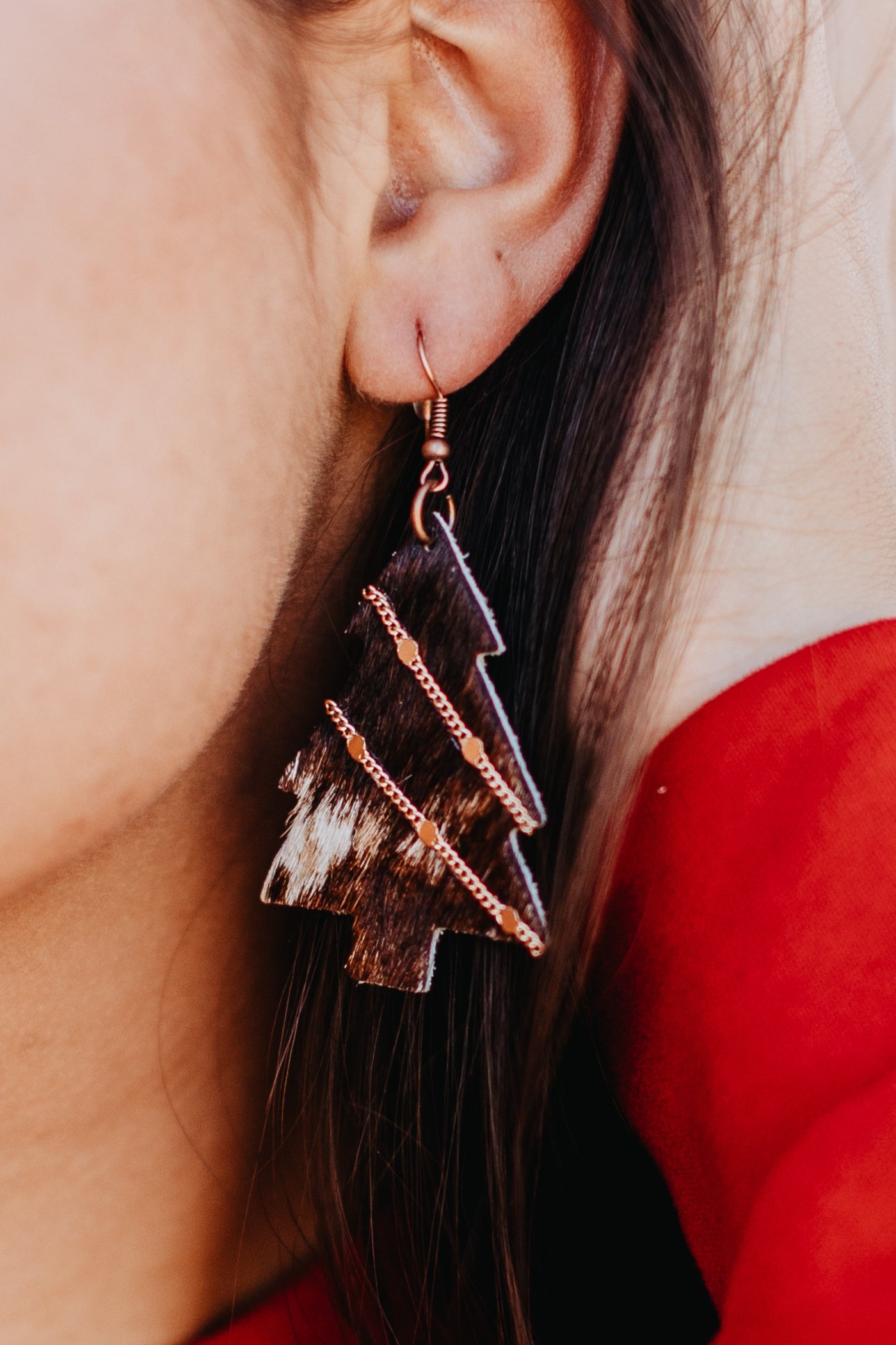 Mooory Christmas Christmas tree cowhide earring