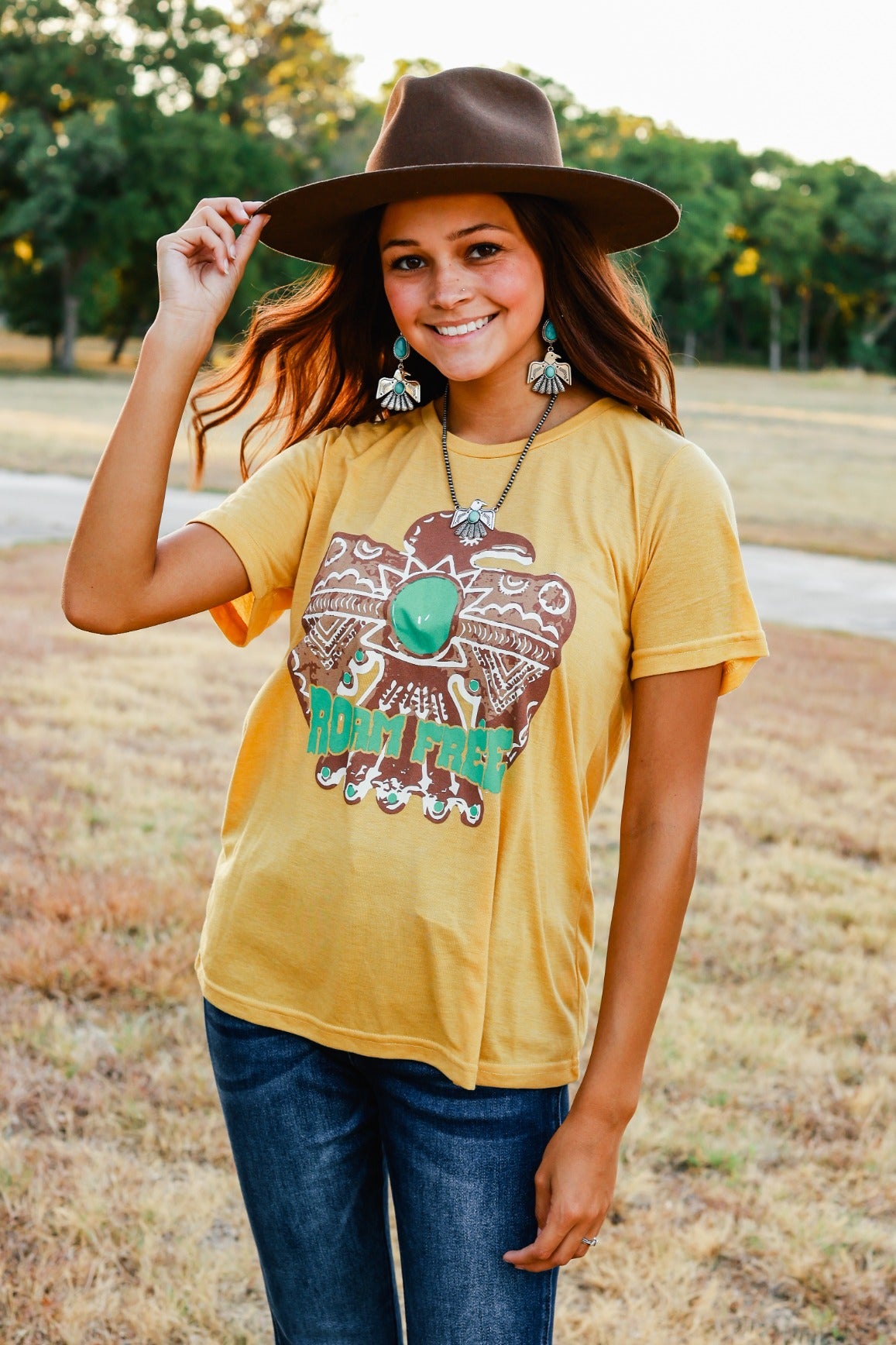 Roam Free on Mustard Crewneck Tee