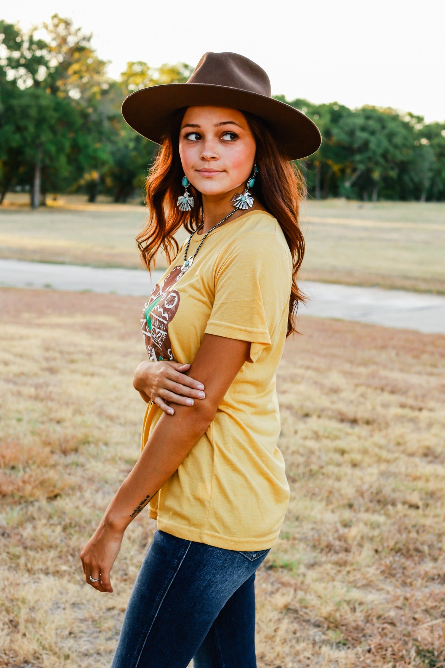 Roam Free on Mustard Crewneck Tee