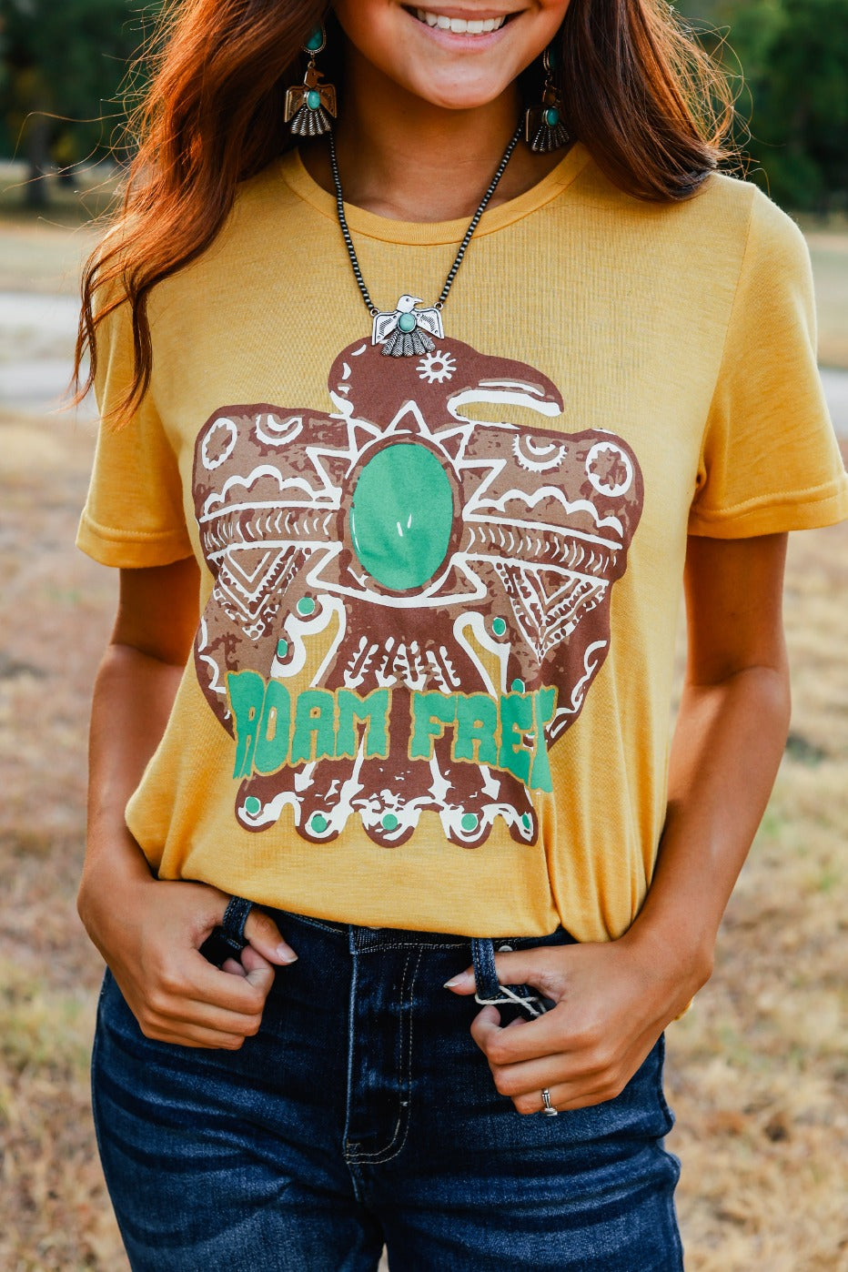 Roam Free on Mustard Crewneck Tee