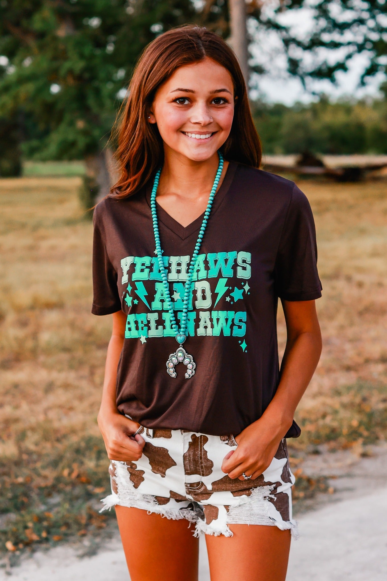 Yee Haw And Hellnaws on Espresso Bean V-Neck Tee
