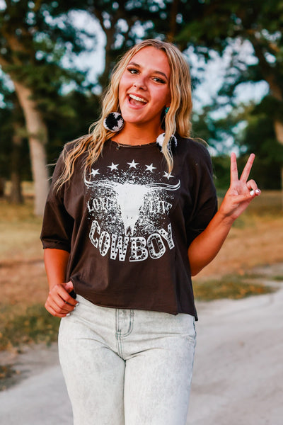 Long Live Cowboys on Perfect Company Boxy Crop in Dark Grey