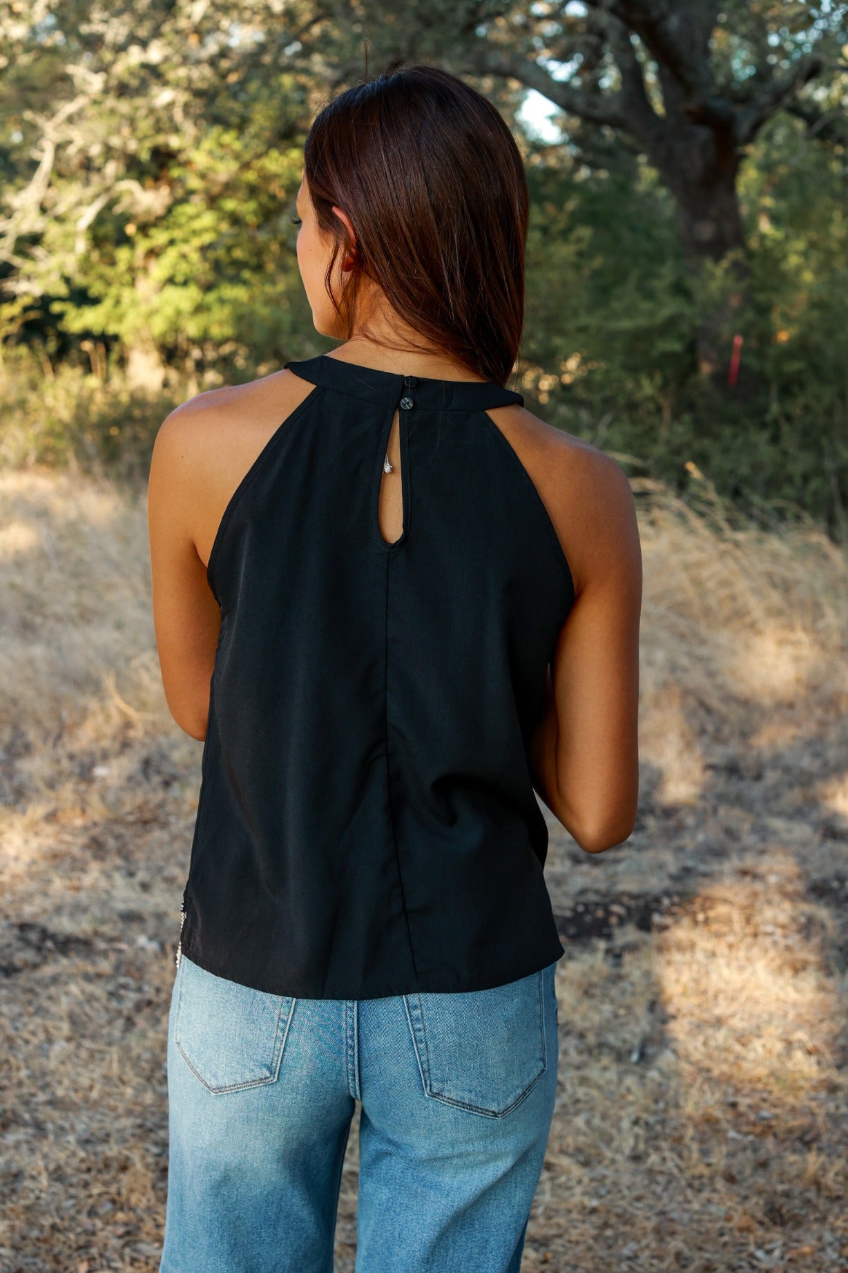 Simply Perfect Black Top with Rhinestone Fringe