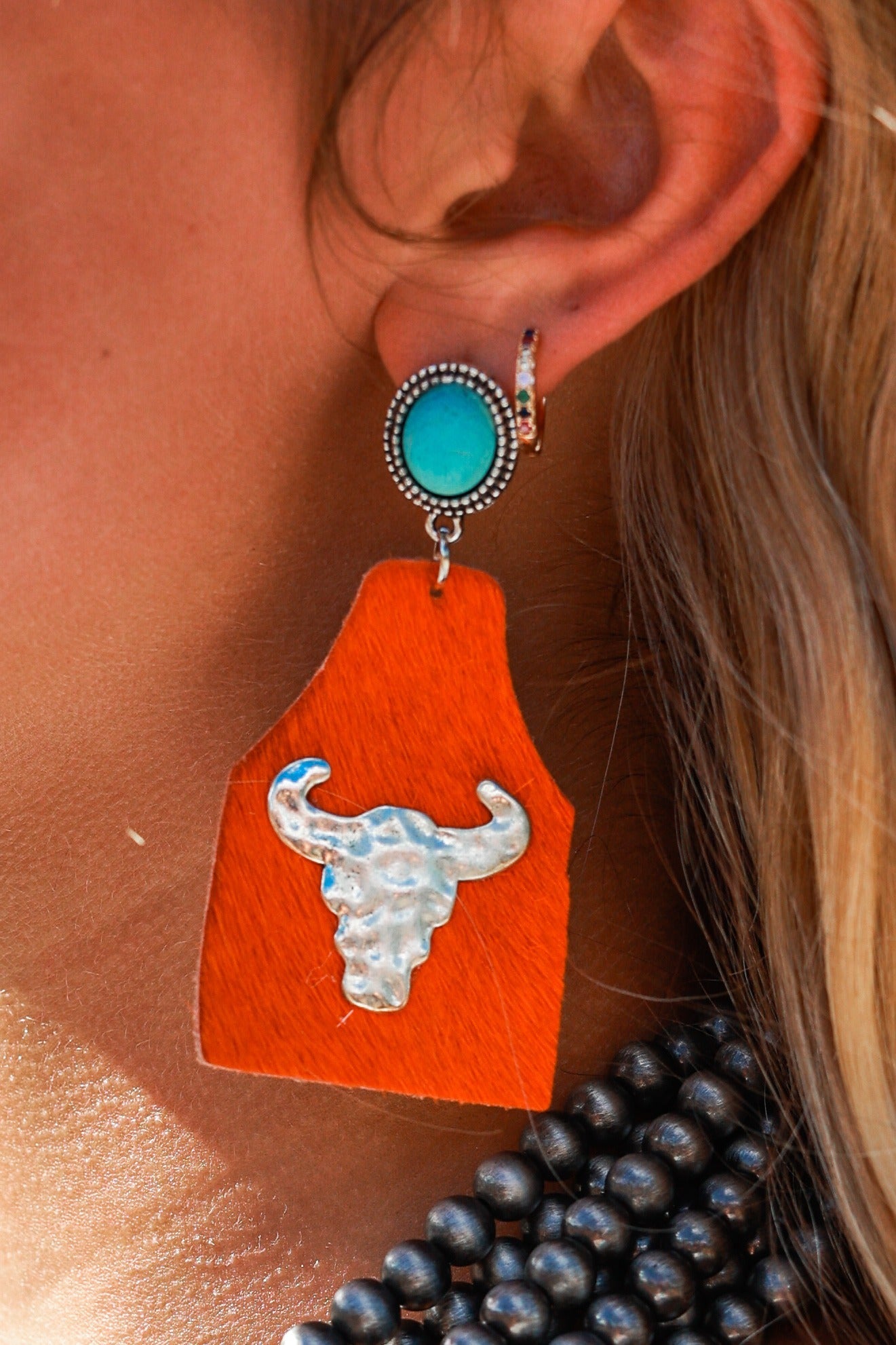 Take A Number Cowboy Orange Cowhide Copper Cow Skull Stud Earrings