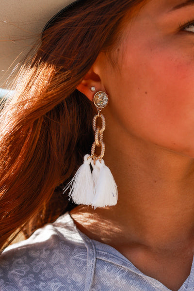 Speak to Me with Gold Chains Tassel Earrings, White