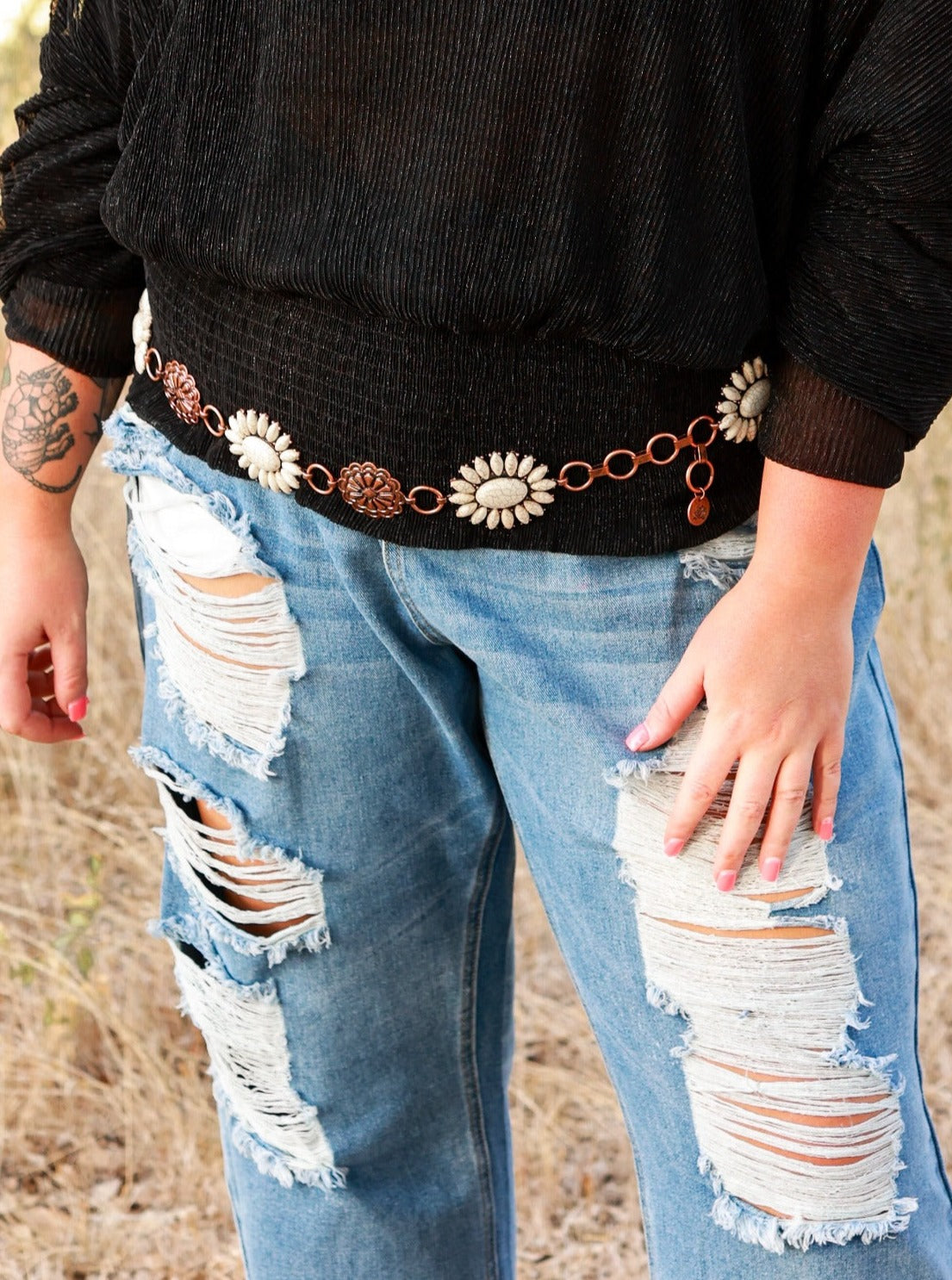 Forever Chasing Cowboys Copper Cream Floral Concho Link Belt Plus