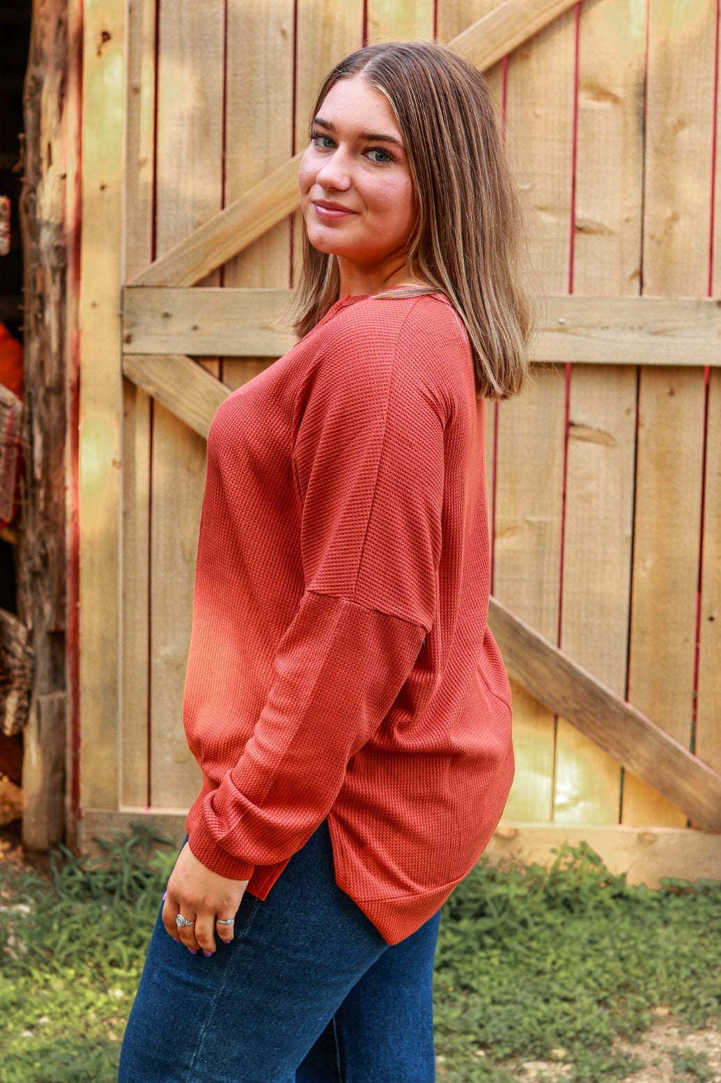 On The Down Low Waffle Knit Top in Rust