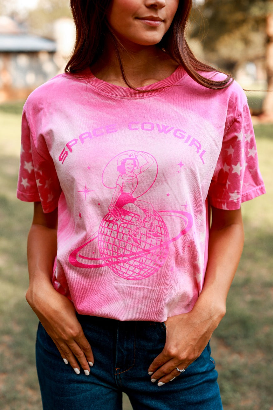 Space Girl on Pink oxide star tee
