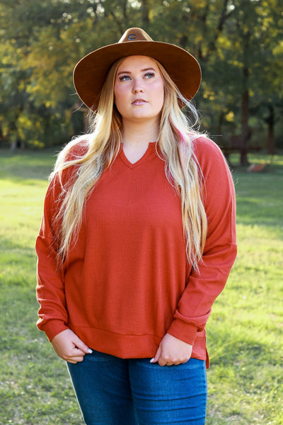 On The Down Low Waffle Knit Top in Rust