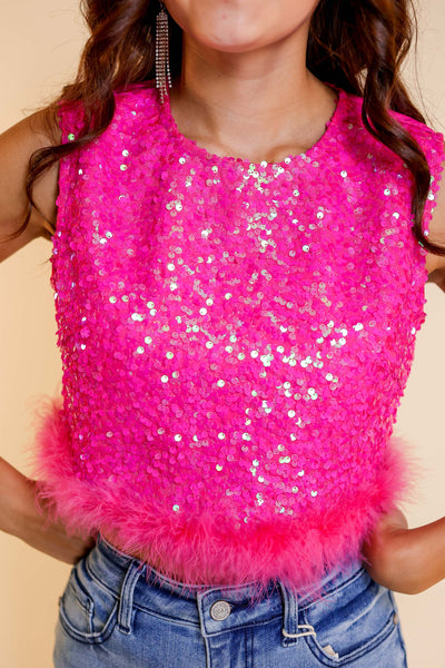 Feather or Not Sequin Crop with Feather Trim, Hot Pink