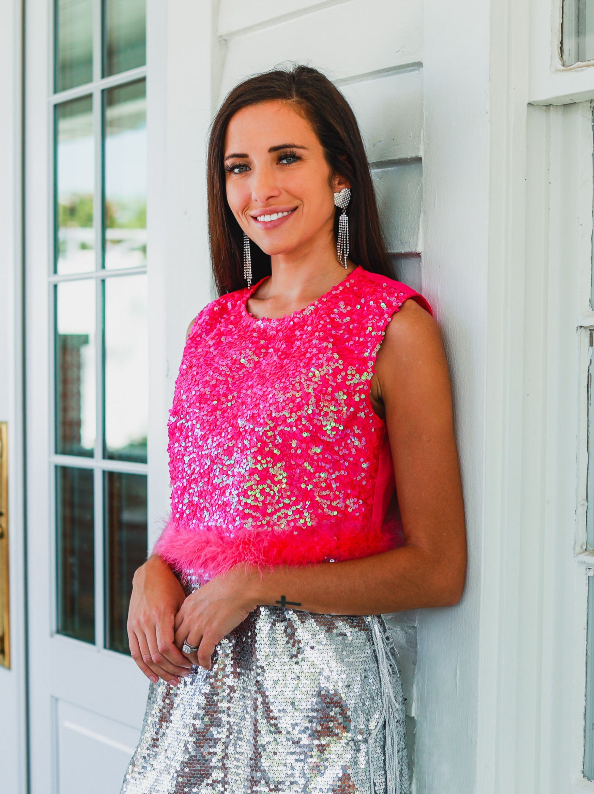 Feather or Not Sequin Crop with Feather Trim, Hot Pink