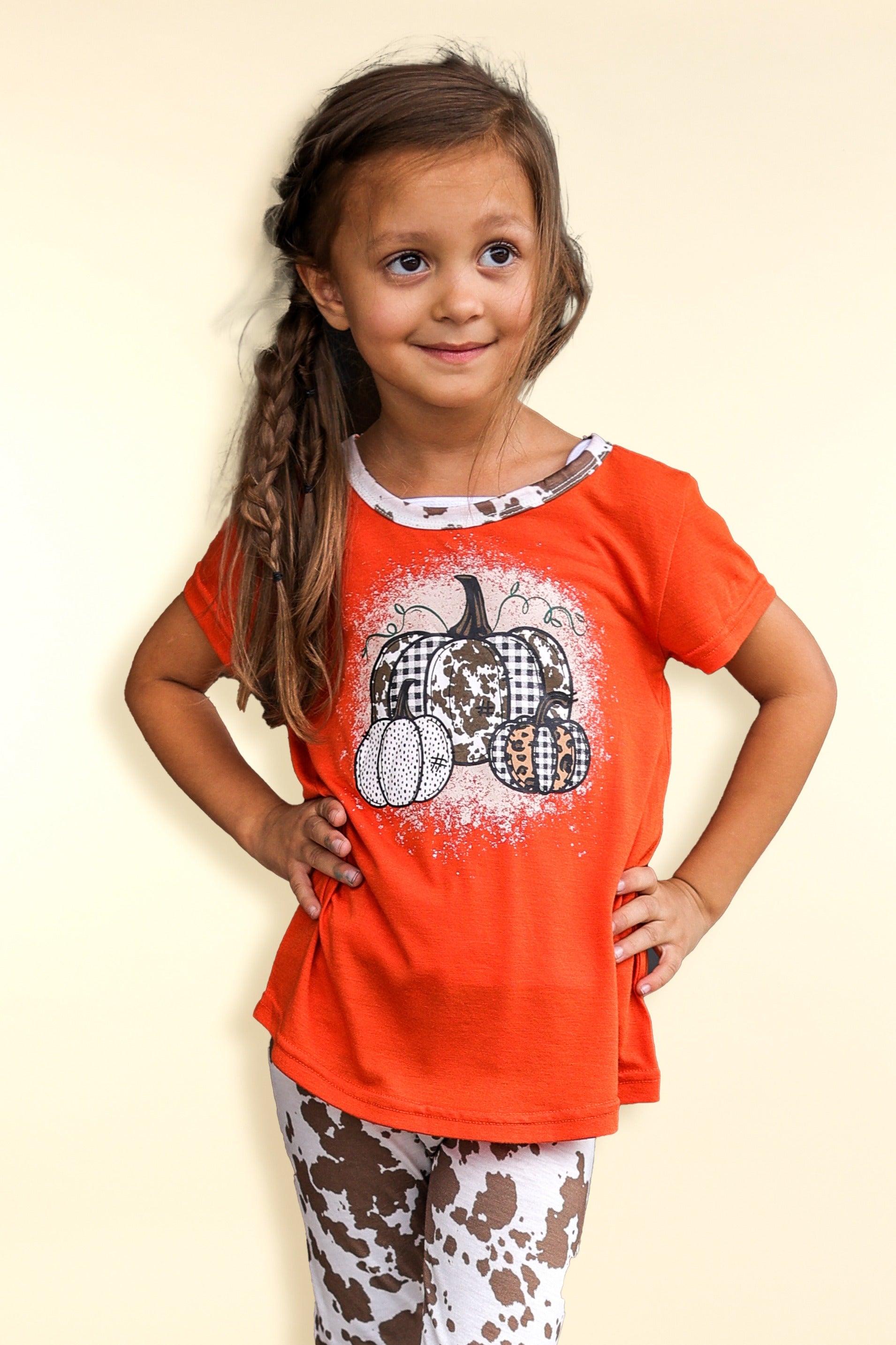 Girls' Triple Pumpkin Leopard, Cow & Orange Ringer Tee