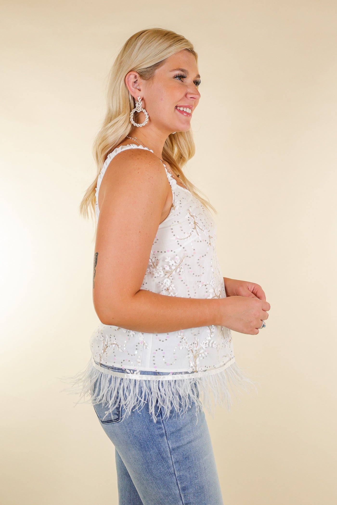 Shimmy and Shake Sequin Floral Crop with Feather Trim