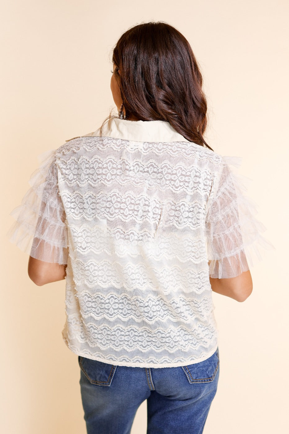 Hometown Honey Lace Button Down with Tulle Sleeve
