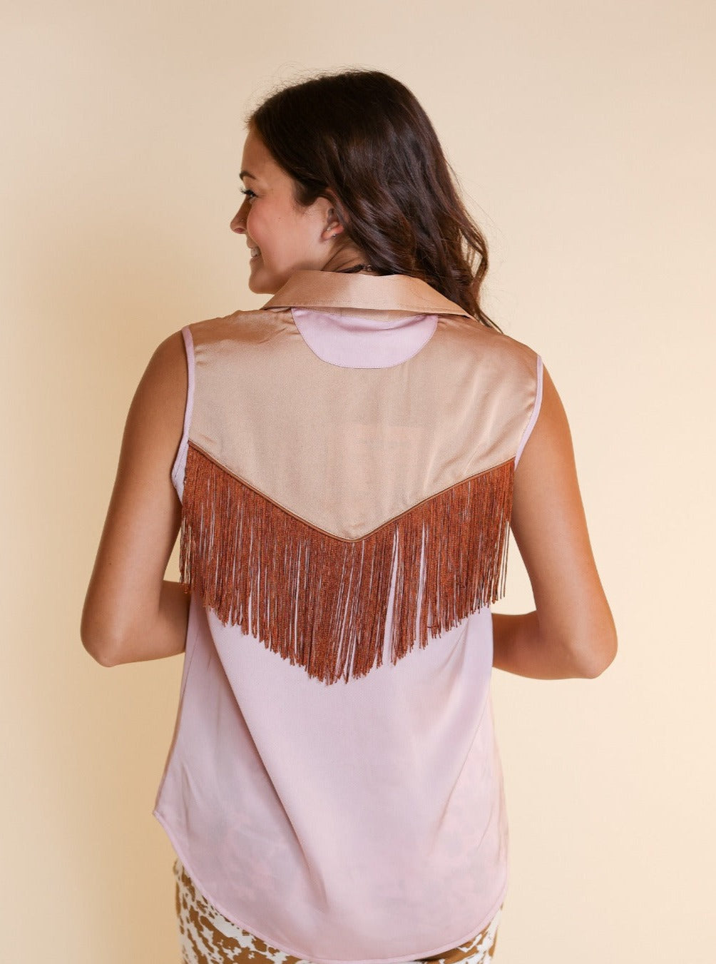 Sleeveless Satin Western Fringe Top, White - detail shot