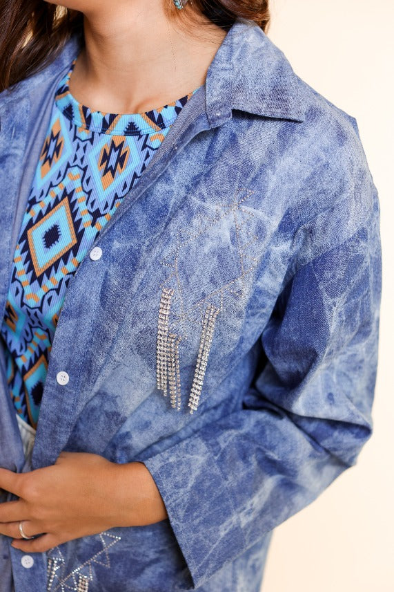 'Sparkles and Spurs' Denim Button-Up with Rhinestone Fringe