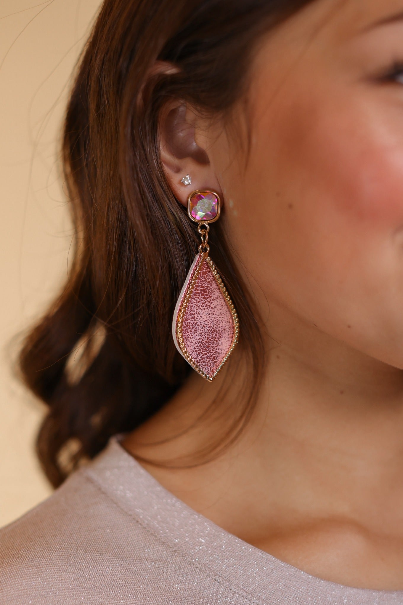 Too Strong to be Dainty Teardrop Earrings with Gold Casing, Pink