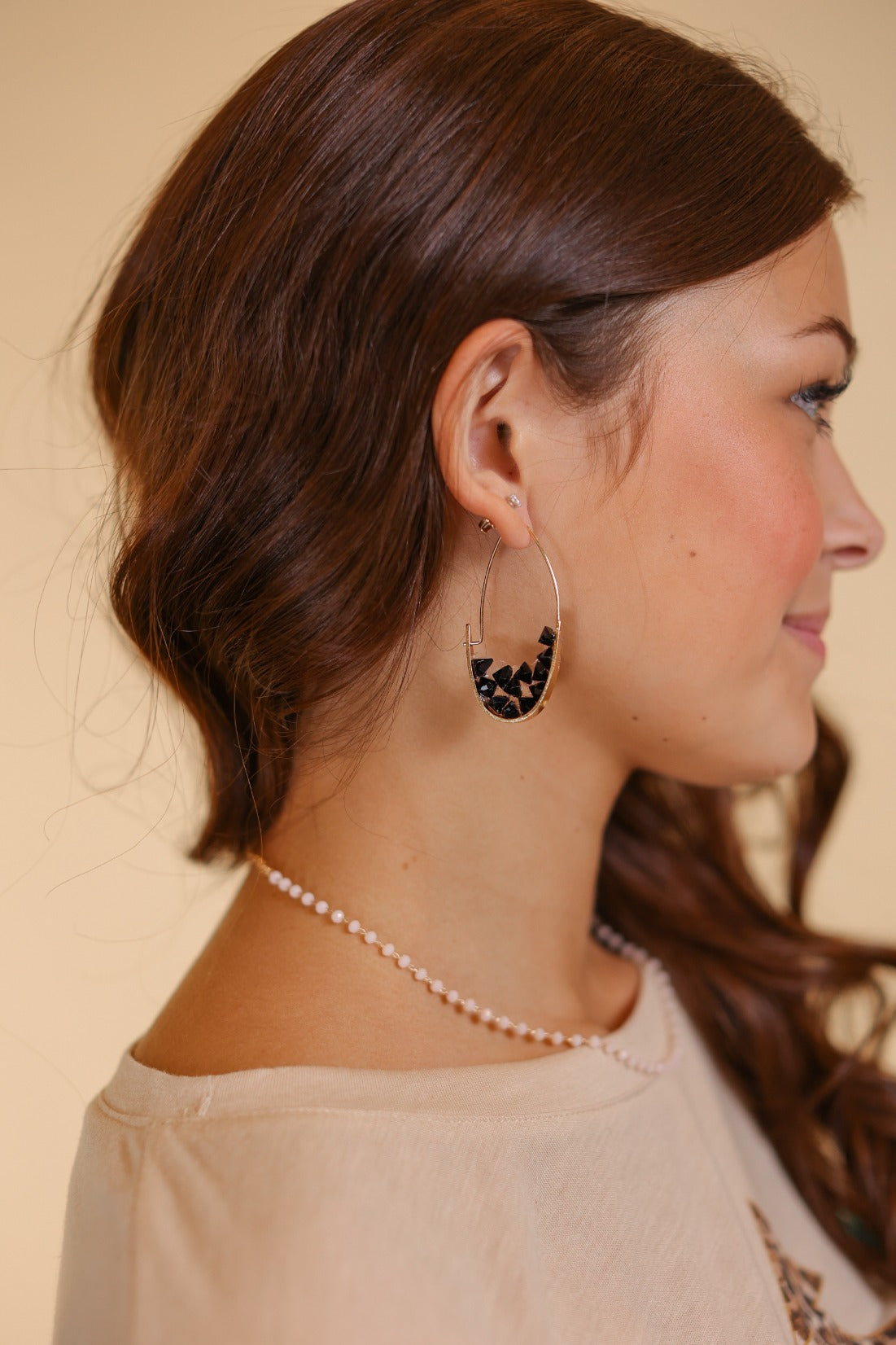 Stone Cluster Oval Hoop Earrings, Black