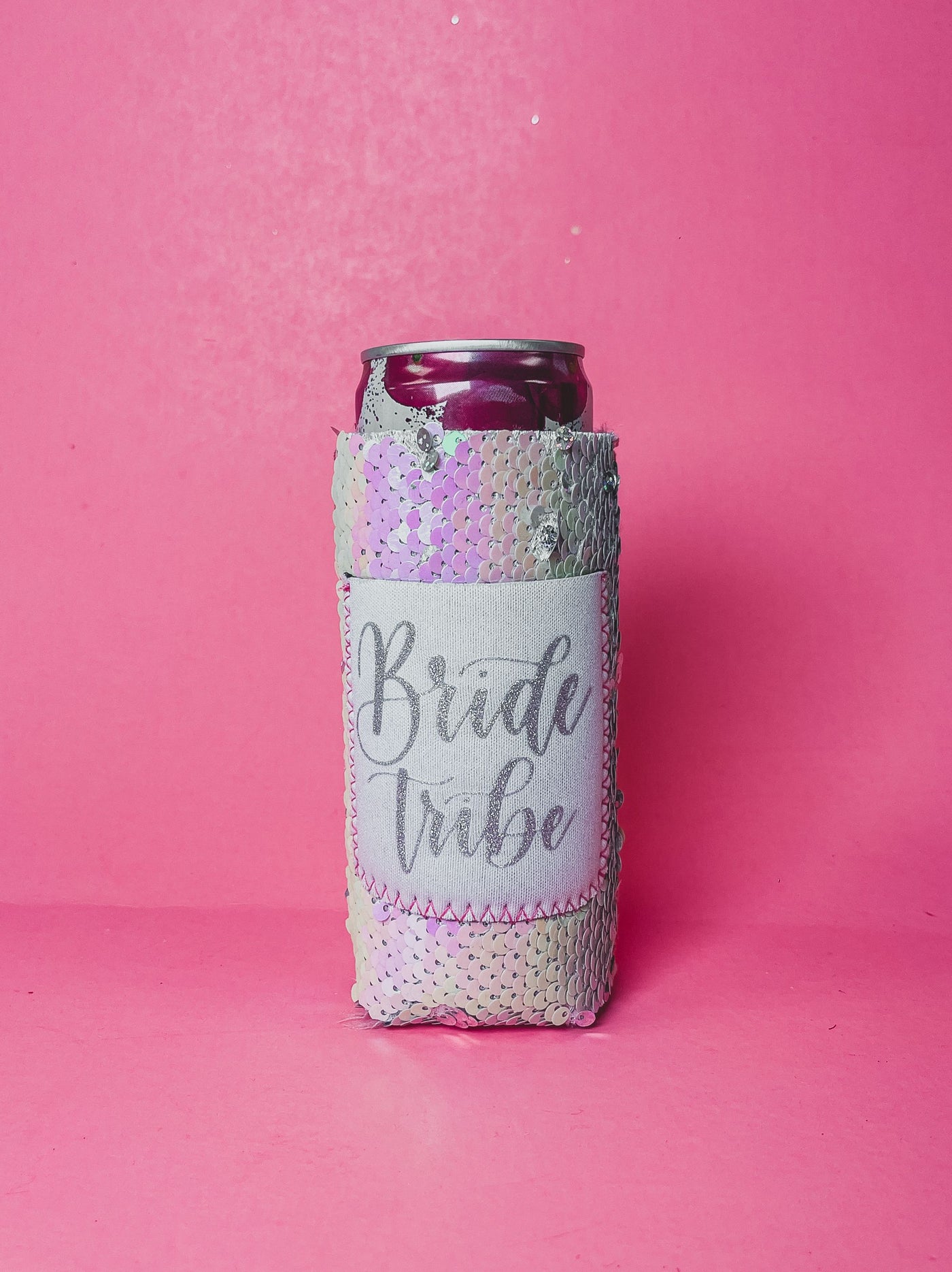 Bride Tribe on Iridescent 2 Tone Sequins Slim Can Cooler