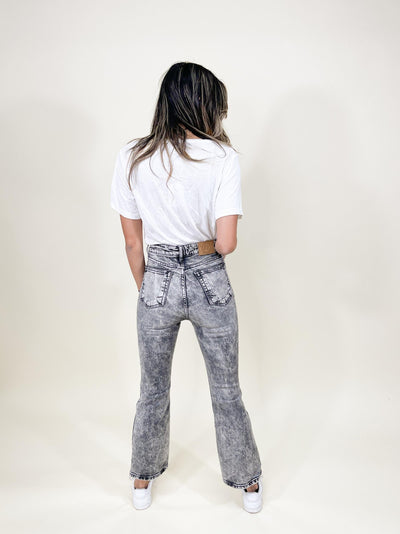 The Blake Stone Wash Mid Rise Distressed Crop Flare