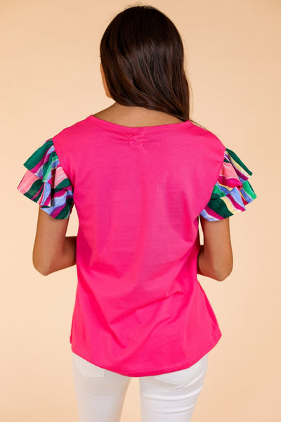 Pink Top with Stripped Ruffle Sleeve