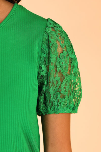 Green Ribbed Tee With Lace Puff Sleeve.
