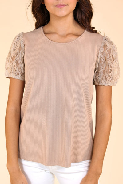 Tan Ribbed Tee With Lace Puff Sleeve