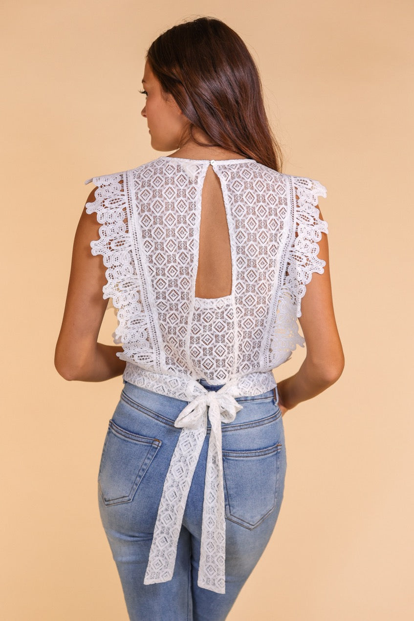 White Crochet Lace Crop With Tie Back
