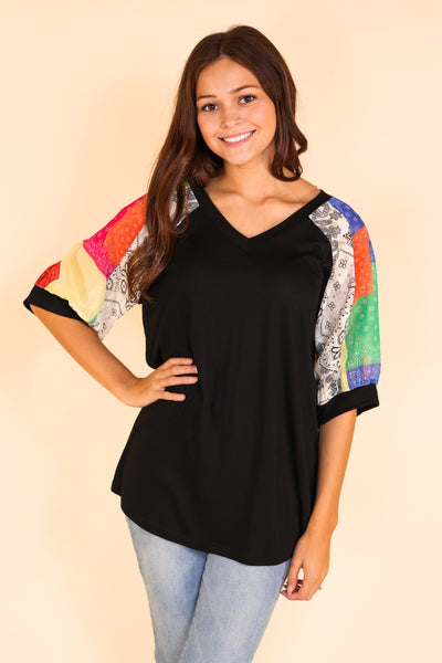 Slice and Dice Top with Black Body and Patchwork Sleeves
