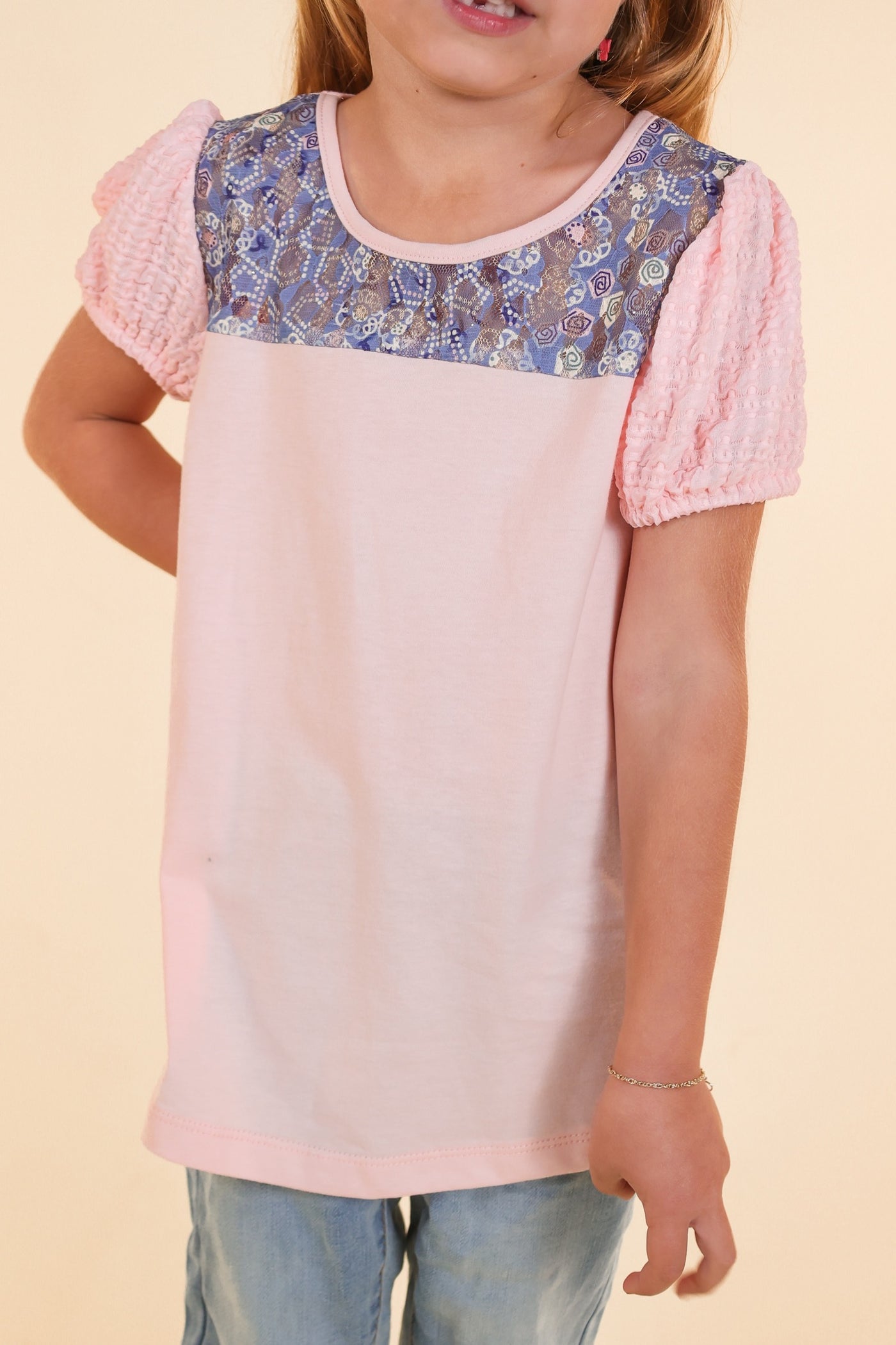 Girls Pink Top With Floral Lace and Puff Sleeve