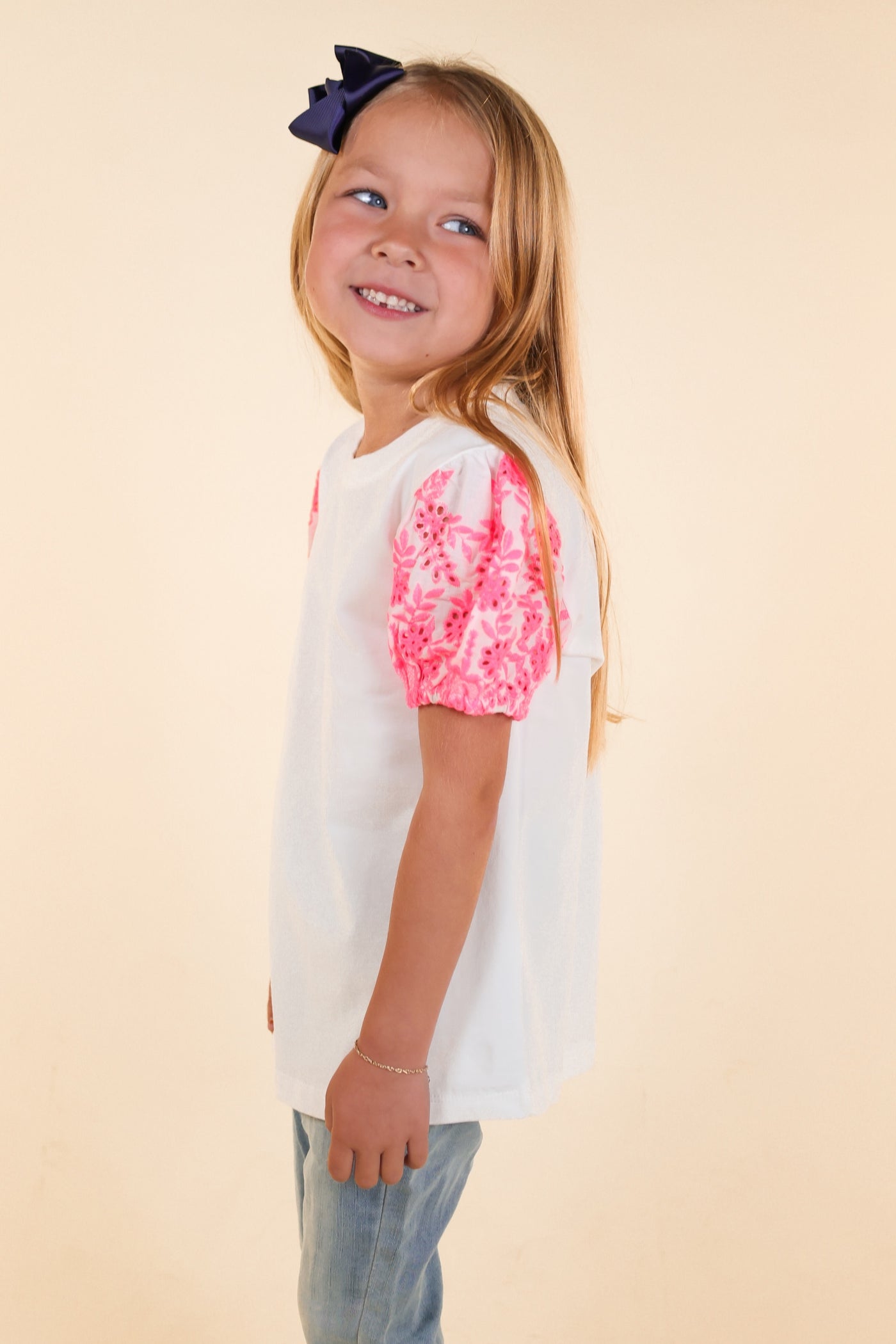 Girls White Top With Pink Eyelet Sleeves