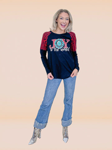 Joy to the World on Black Long Sleeve & Plaid Shoulders