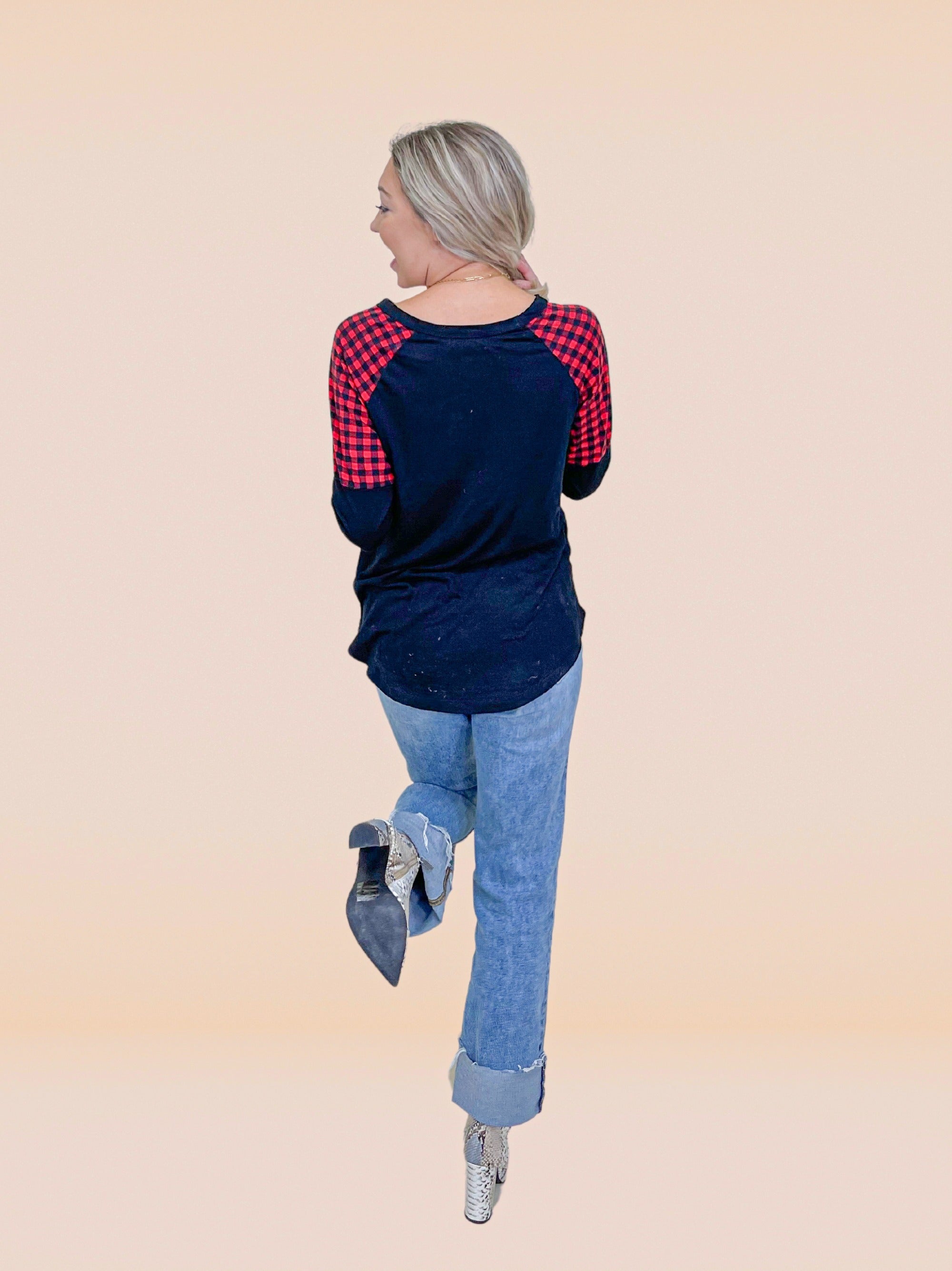 Joy to the World on Black Long Sleeve & Plaid Shoulders