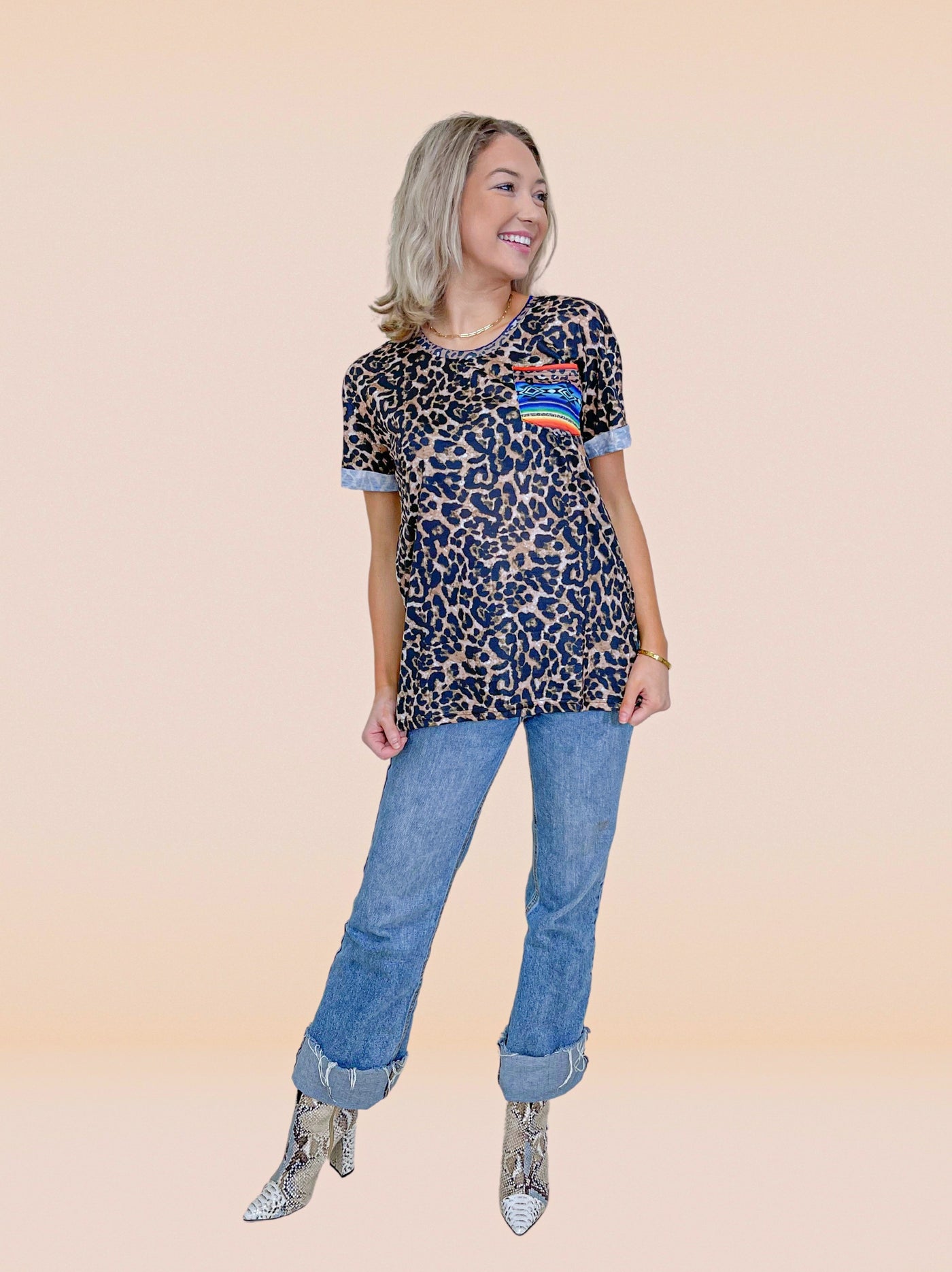 Leopard Top with Serape Pocket