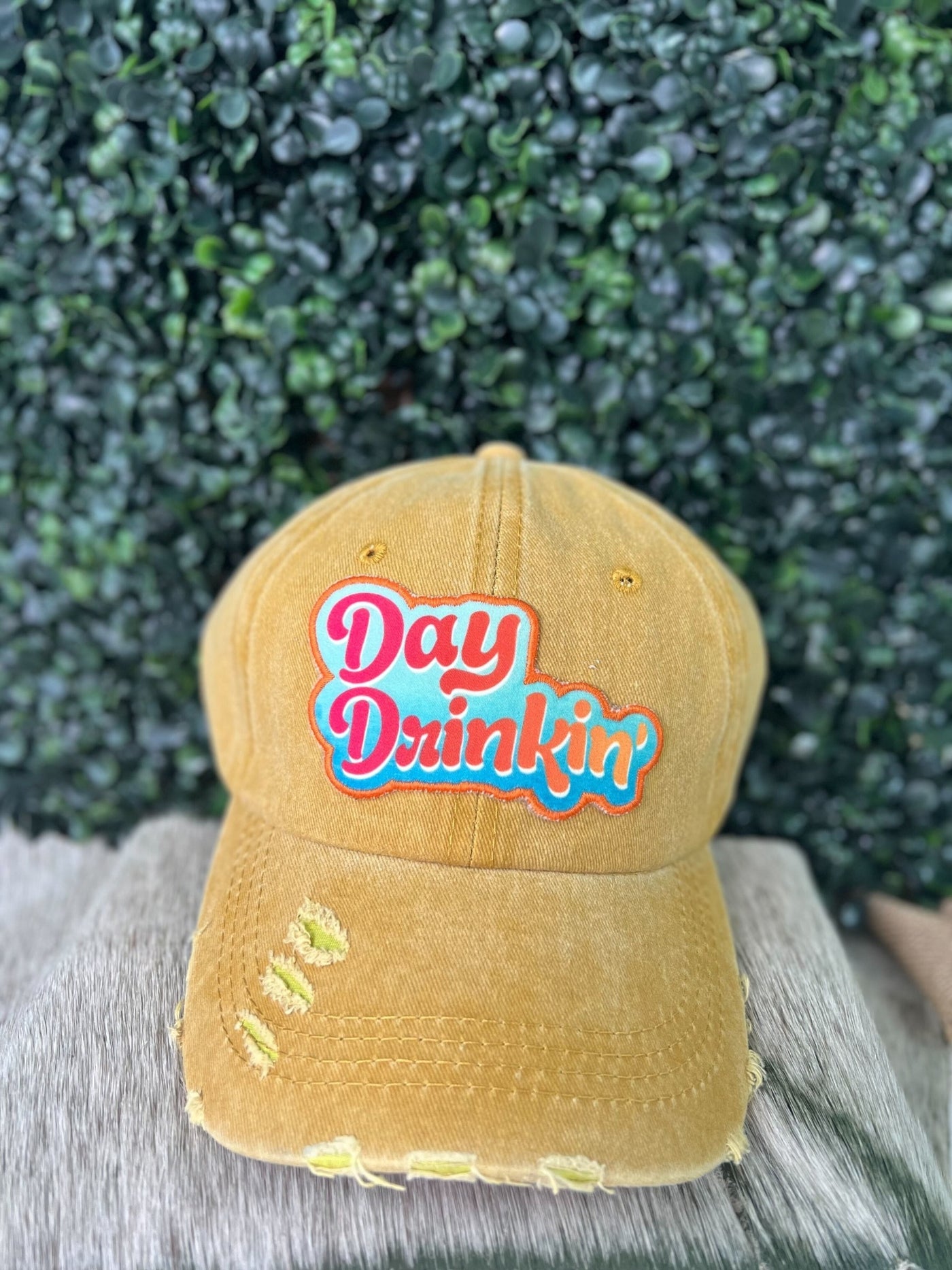 Day Drinkin' Ombre Patch On Distressed Mustard Hat