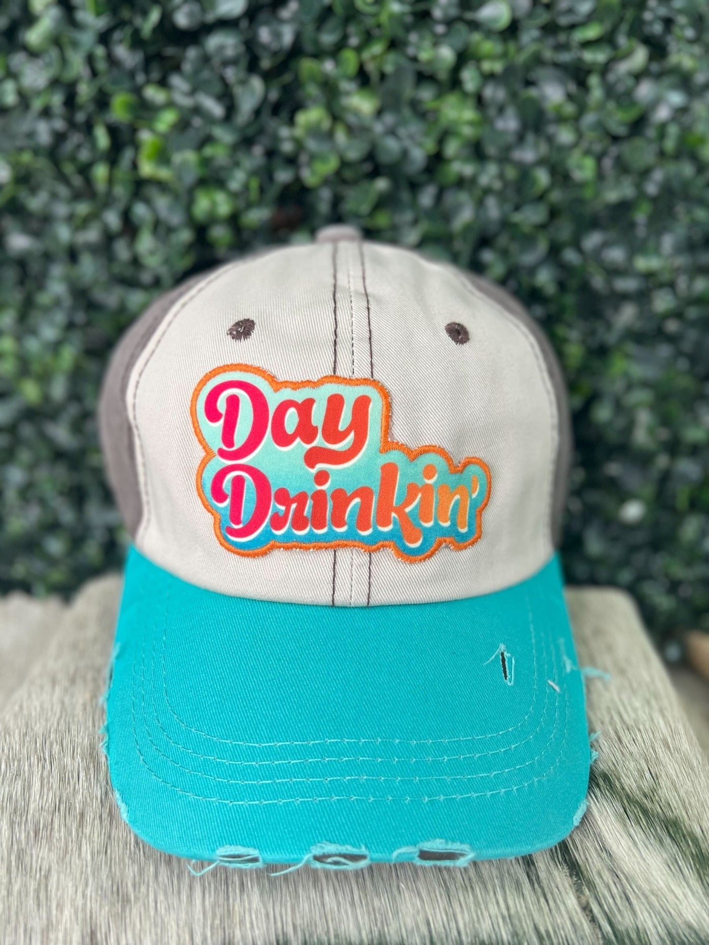 Day Drinkin' Ombre Patch on Beige, Brown and Turquoise Distressed Hat