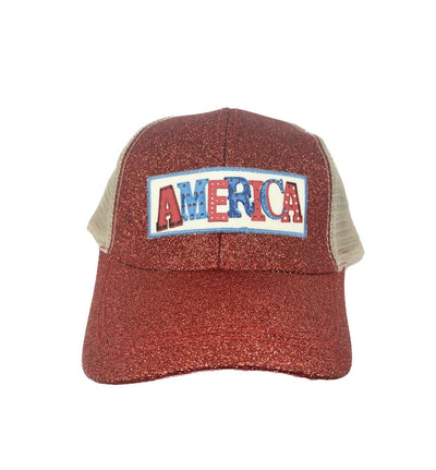 America Patch on Red Glitter Hat With Beige Mesh